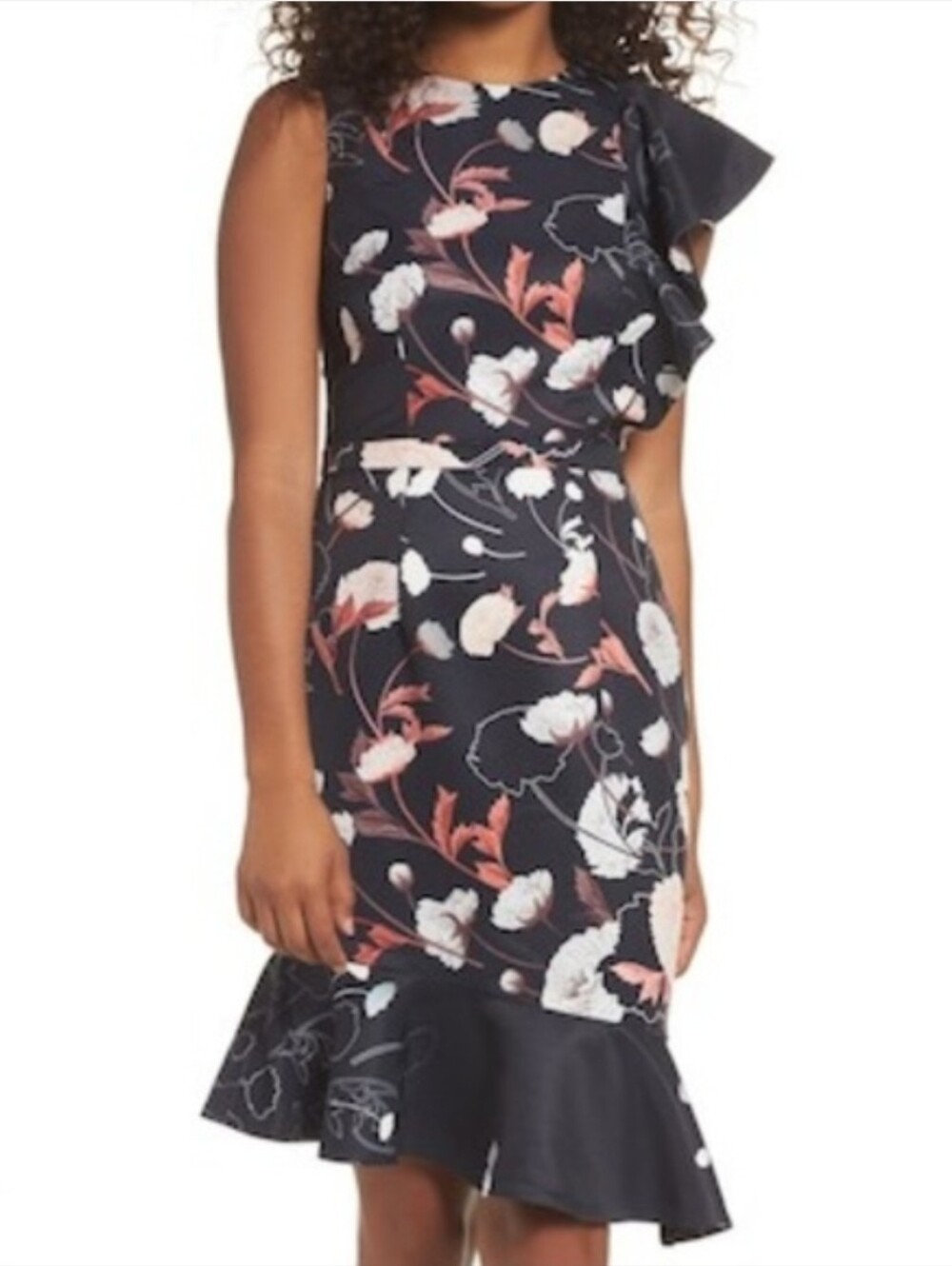 Cooper St Amayah Floral Ruffle Midi Dress Size 4 Black Pink Asymmetrical